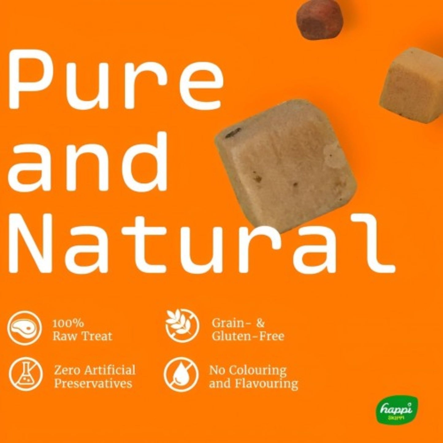 Dog treats on an orange background with 'Pure and Natural' text and happy pet logo.