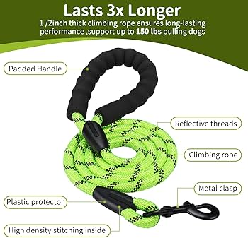 Doco Reflective Rope Leash With Plastic Encased Handle Loop (1/2 Width) - 6Ft - Large - Dcrope2072