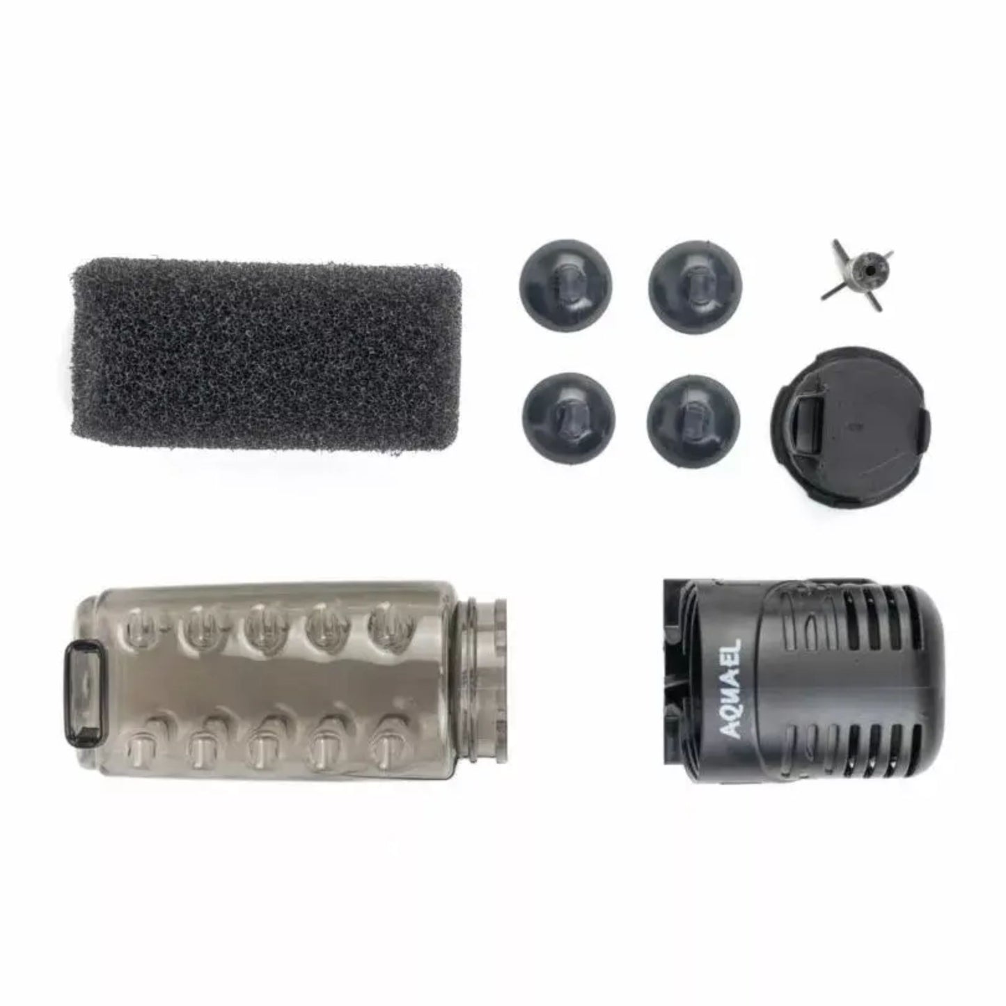 Aquael aquarium filter components on a white background