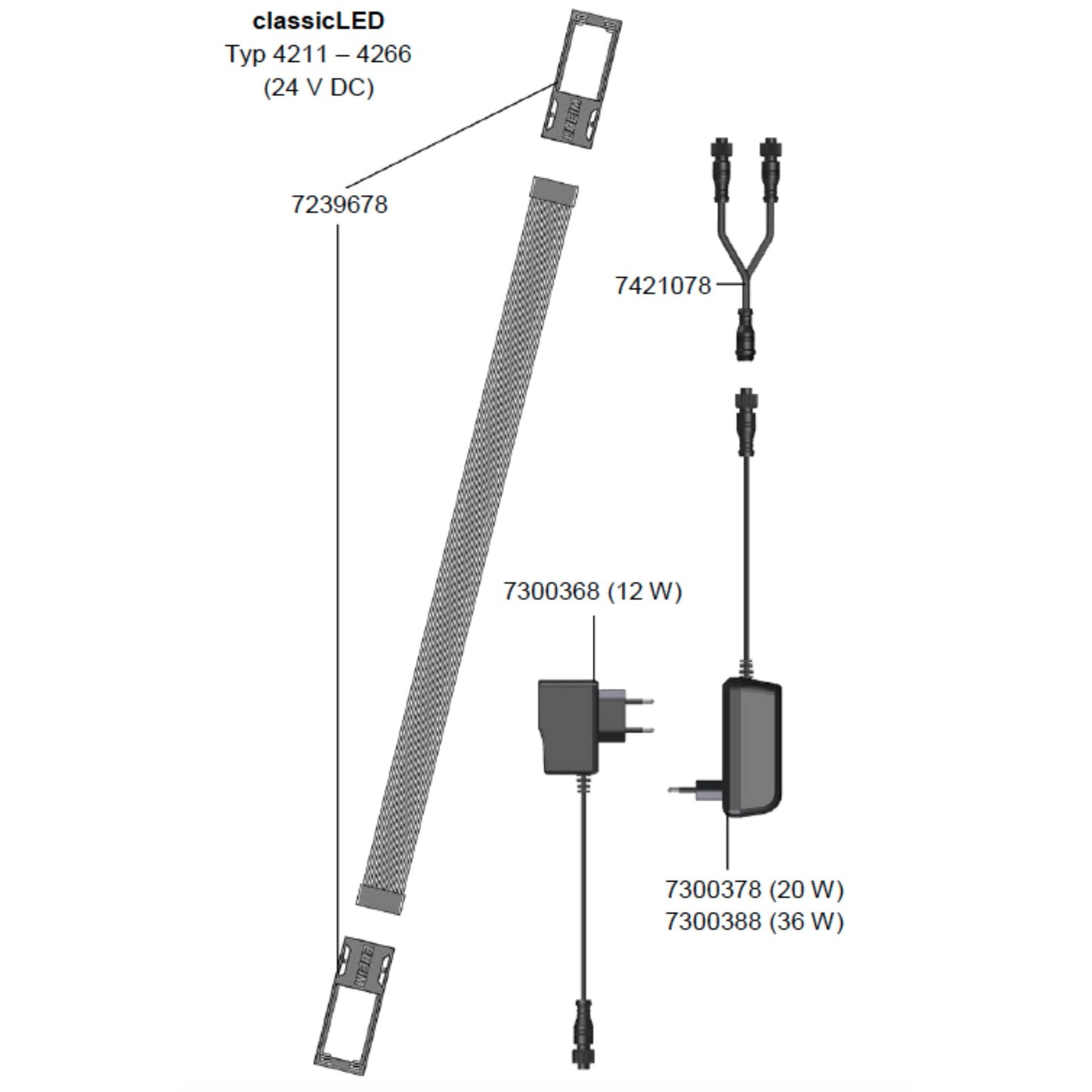 Diagram of LED lighting components with labels and specifications on a white background