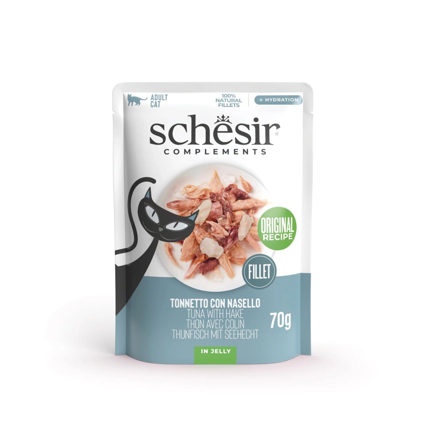 Schesir cat food pouch packaging on a white background