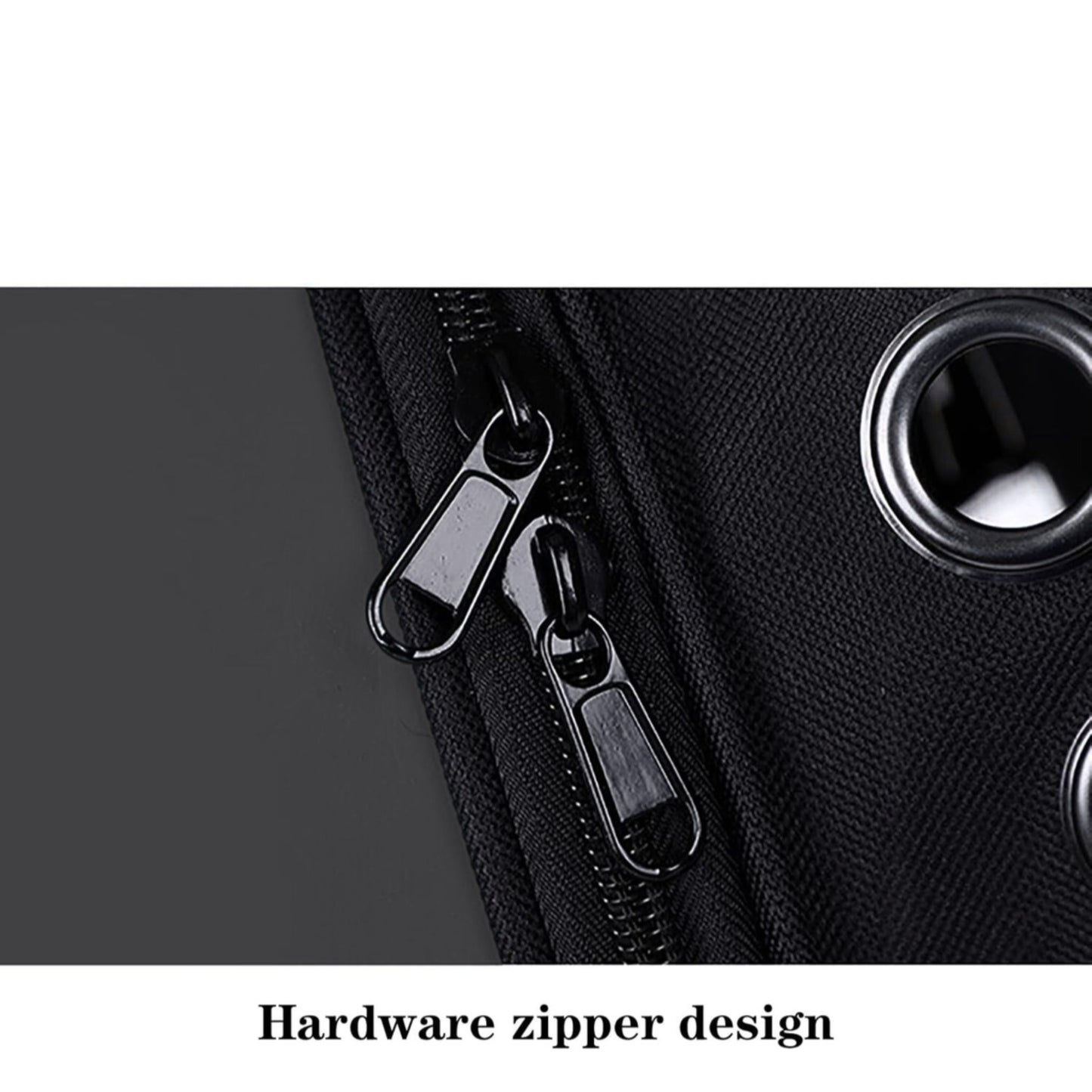 Close-up of a black zipper on a product with 'Hardware zipper design' text.
