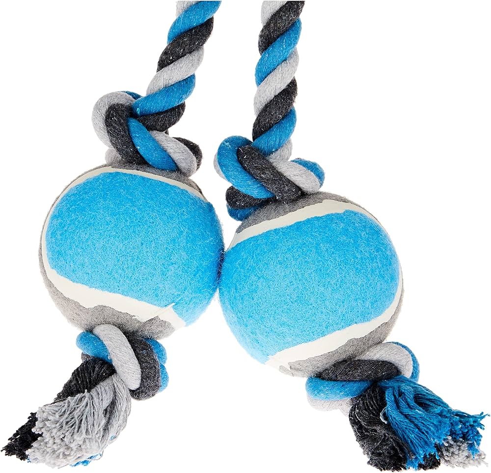 Duvo+ Tug Toy – 2 Tennis Balls & Cotton Loop, 43cm Grey/Blue
