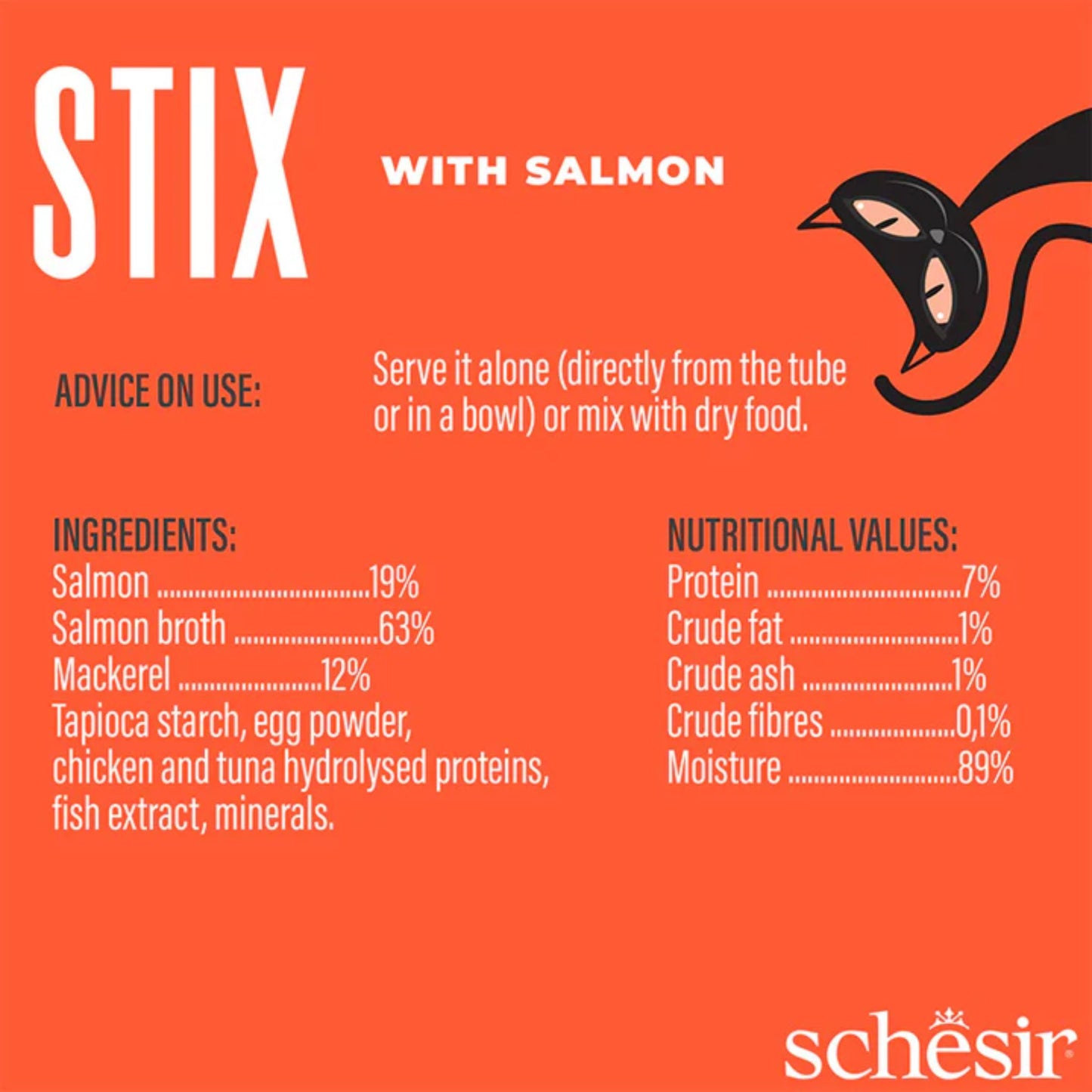 Product label for 'STIX with Salmon' by Schesir with ingredients, nutritional values, and usage instructions.