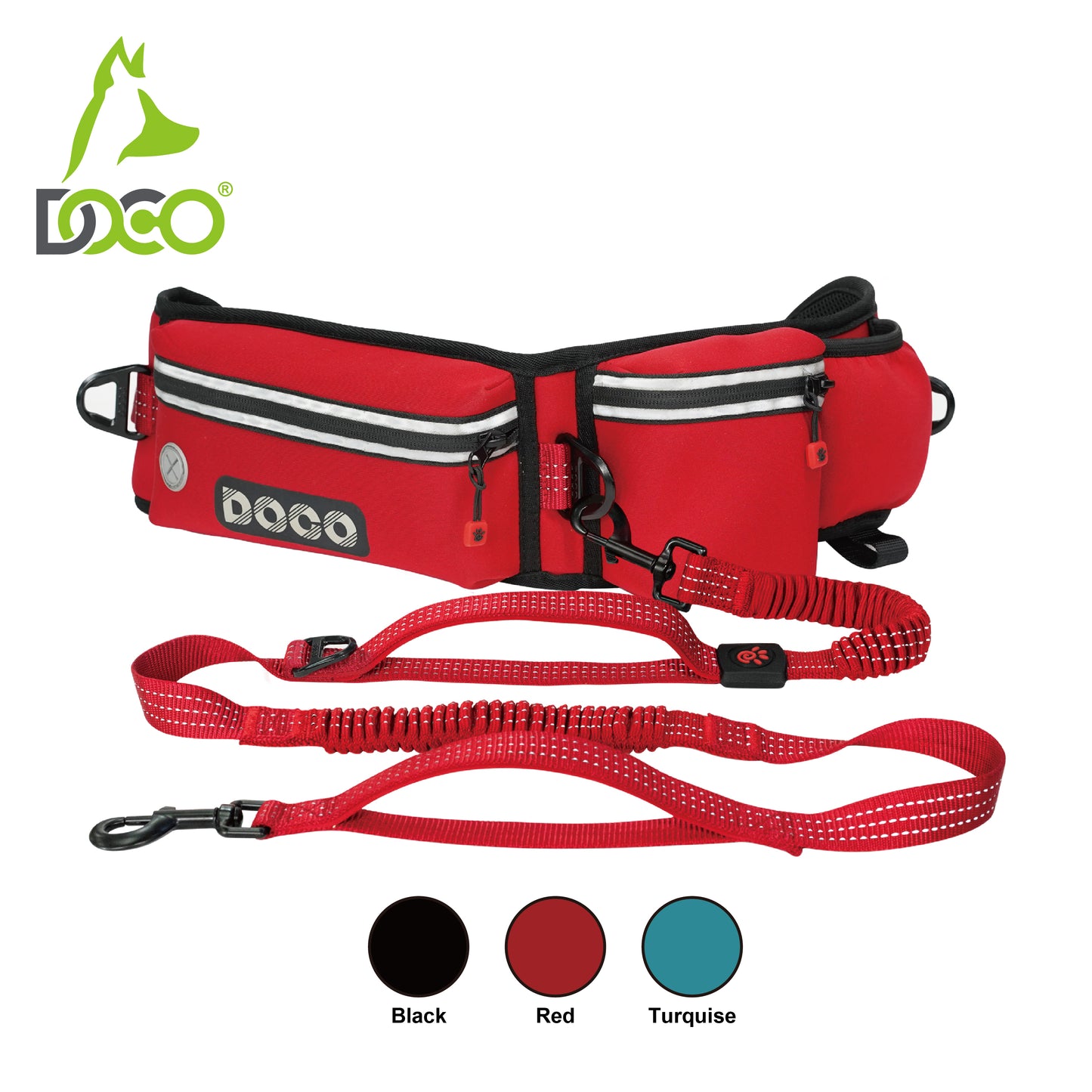Doco Reflective Jogging Belt with Reflective Nylon Bungee Dog Leash – Red