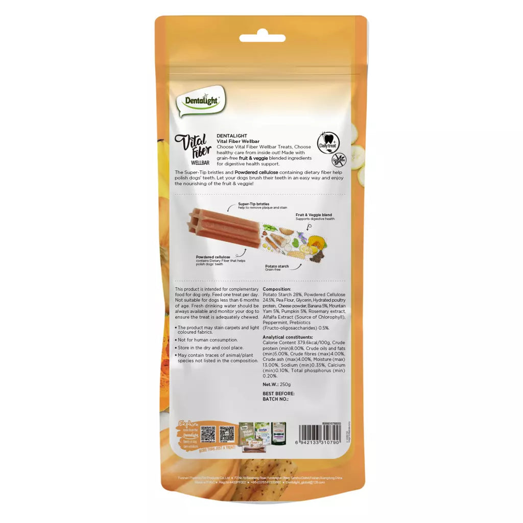 The back of a Domlight Dental Hero pet treat pouch, showing product information, illustrations of dental treats, and ingredients on a white background.