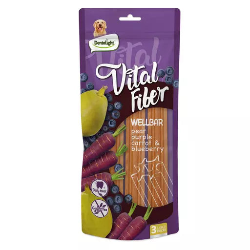 Dentalight Vital Fiber dog treat package with purple background and colorful graphics.
