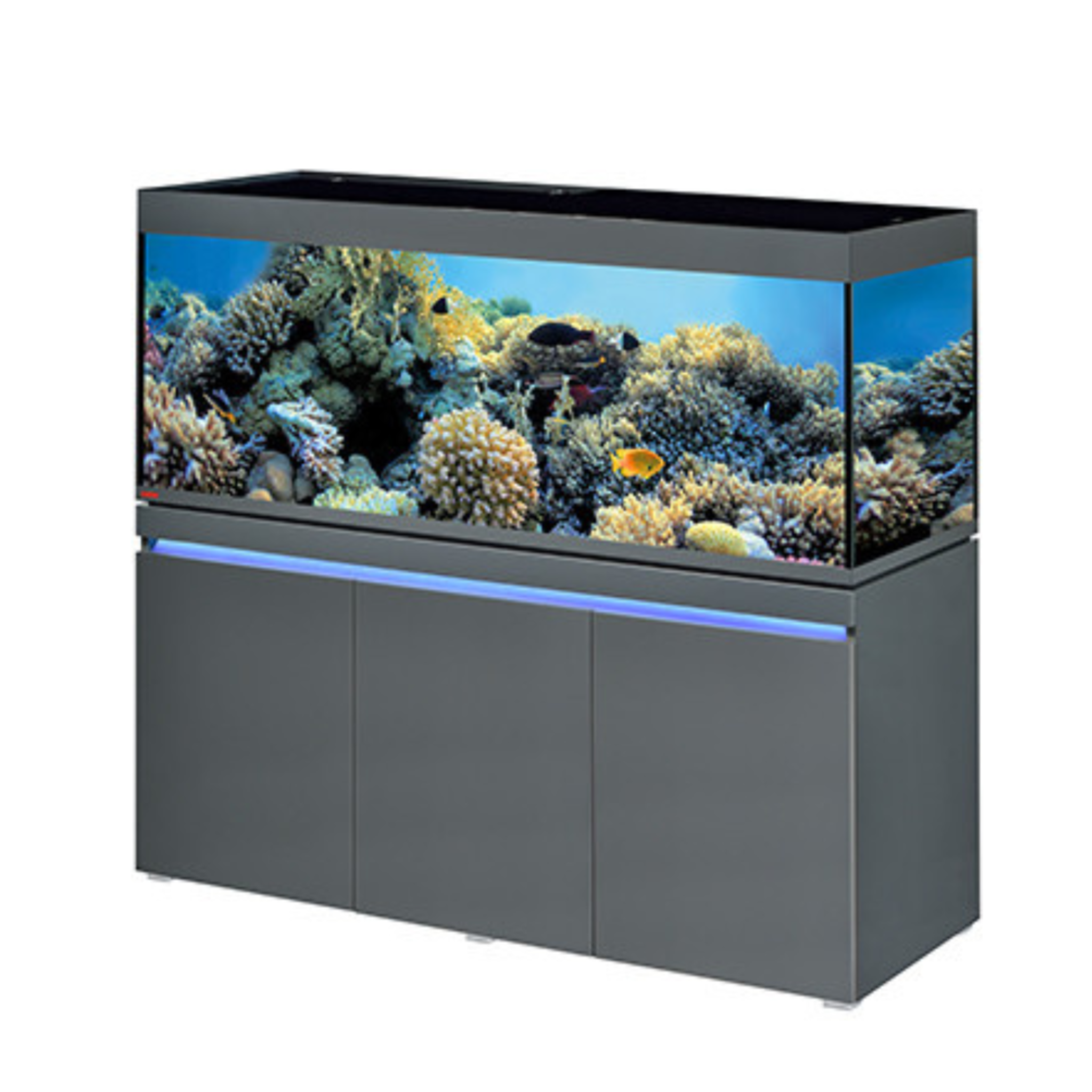 Large aquarium with coral and fish on a gray stand against a white background