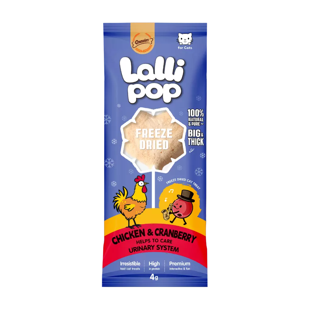 A 4g bag of Lalli Pop Freeze Dried cat treats, Chicken & Cranberry flavor, for cats with a urinary system support. The packaging is blue with white, yellow, and red graphics, featuring cartoon illustrations of a rooster and a cranberry.