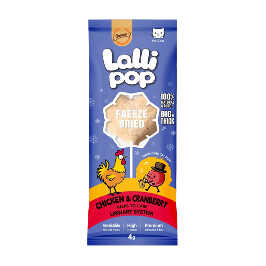 A 4g bag of Lalli Pop Freeze Dried cat treats, Chicken & Cranberry flavor, for cats with a urinary system support. The packaging is blue with white, yellow, and red graphics, featuring cartoon illustrations of a rooster and a cranberry.