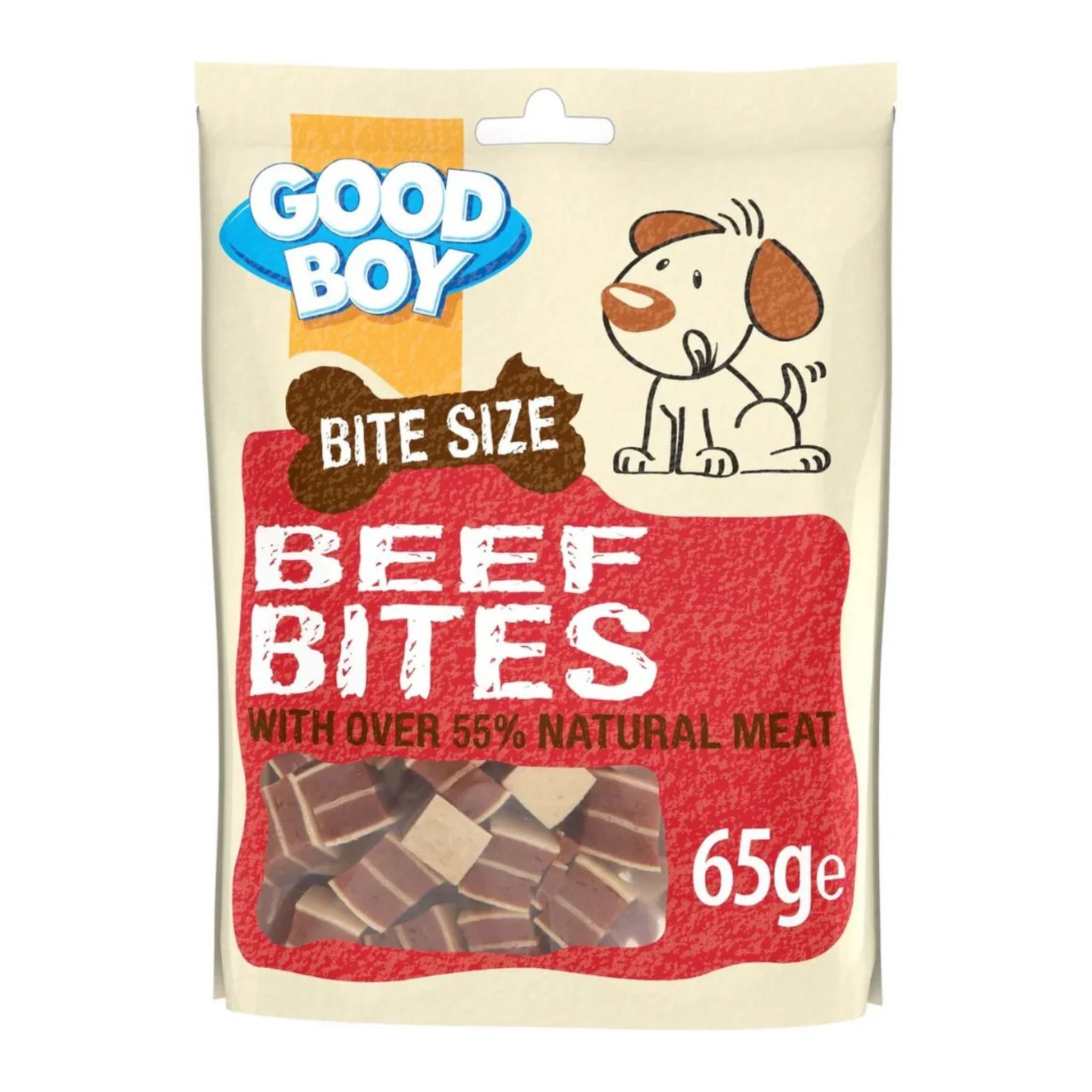 Package of Good Boy Bite Size Beef Bites for dogs on a white background