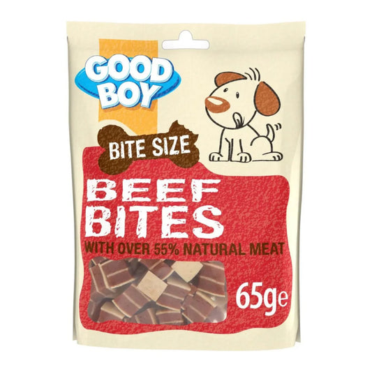 Package of Good Boy Bite Size Beef Bites for dogs on a white background