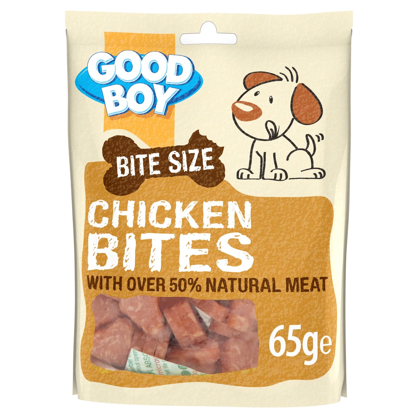 Good Boy Bite Size Chicken Bites packaging with a cartoon dog on a beige background