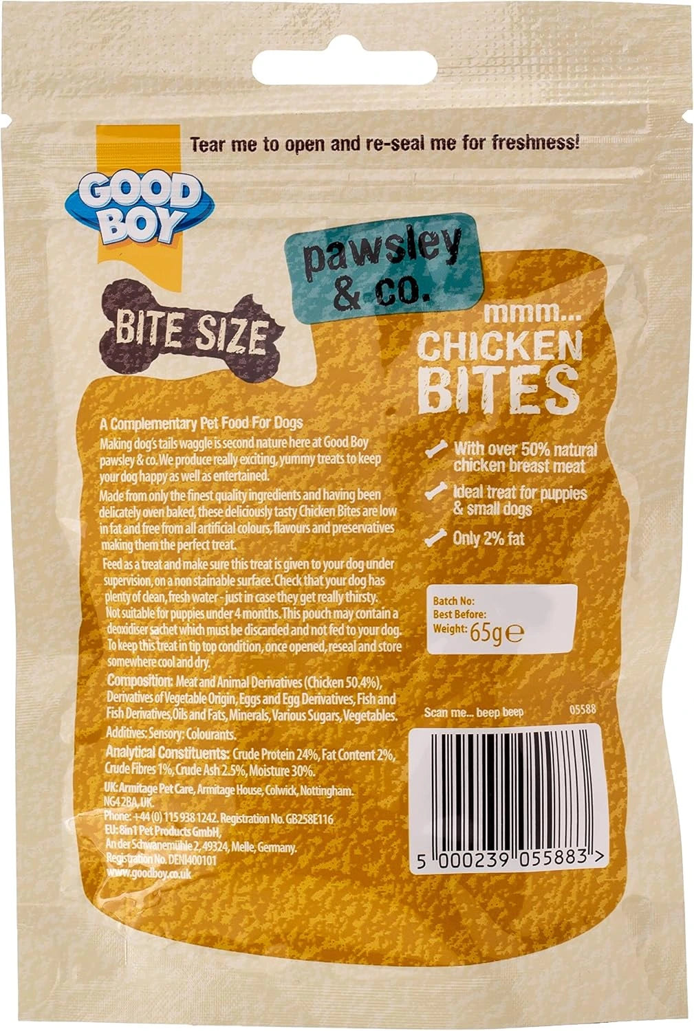 Good Boy Pawsley & Co. Chicken Bites pet food packaging, 65g pouch showing the back side with product details, barcode, and ingredients.