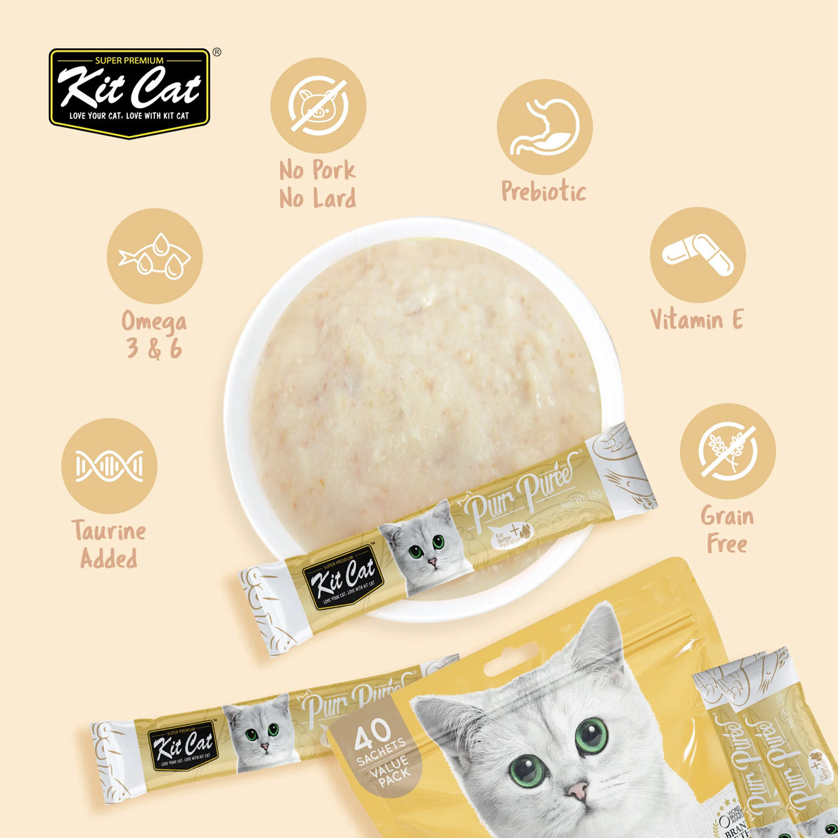 Kit Cat Puree Treats ‚Chicken & Fiber Hairball 600g (40pcs)