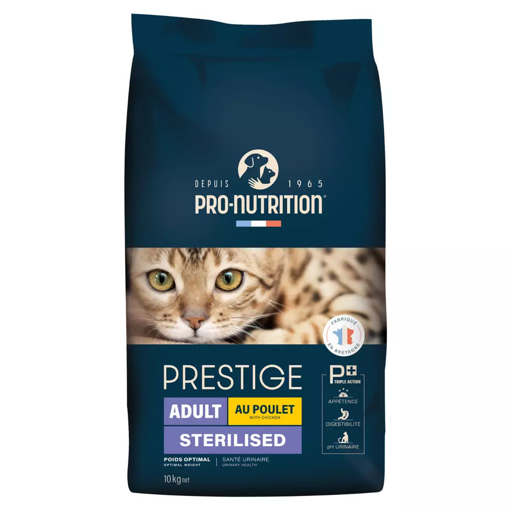 A 10 kg bag of Pro-Nutrition Prestige Adult Sterilised cat food, featuring a dark blue packaging design with a photo of a tabby cat on the front.