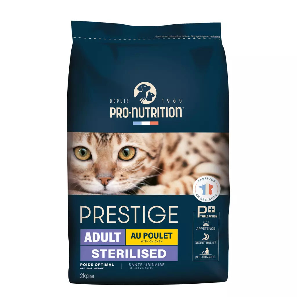 A 2kg bag of Pro-Nutrition Prestige Adult Sterilised chicken cat food, featuring a dark blue packaging design with a close-up photo of a cat on the front.