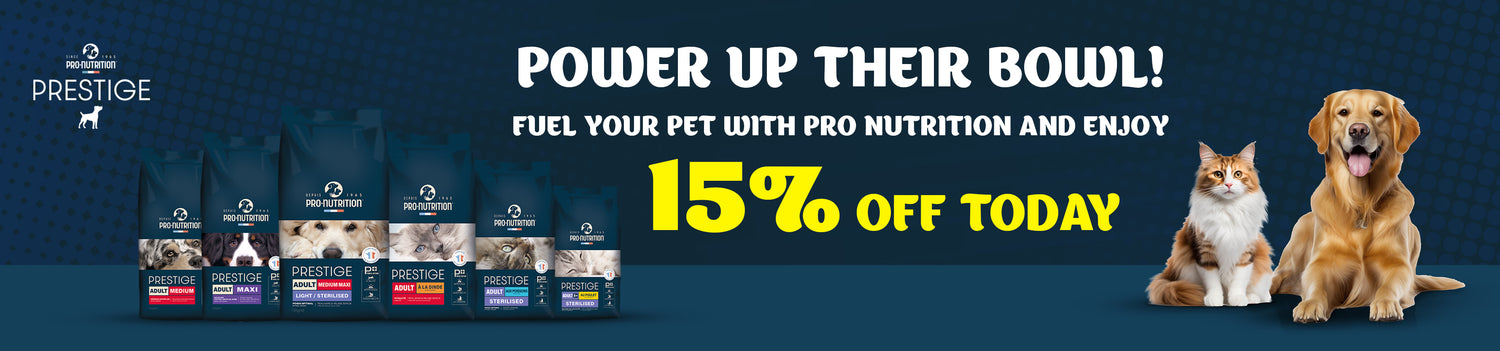 Pet food packages with a dog, cat, and promotional text on a blue background