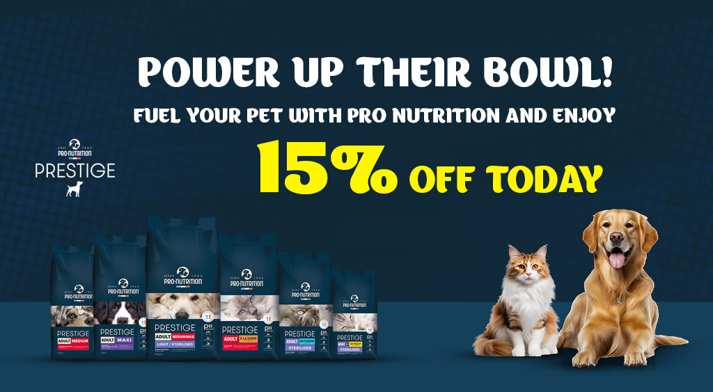 Promotional advertisement for Prestige pet food with two dogs and a cat, featuring a discount offer on a blue background.