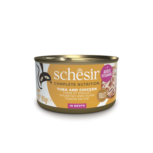 Schesir Complete & Balanced Nutrition Wet Cat Food in Broth Can- Tuna With Chicken 85g