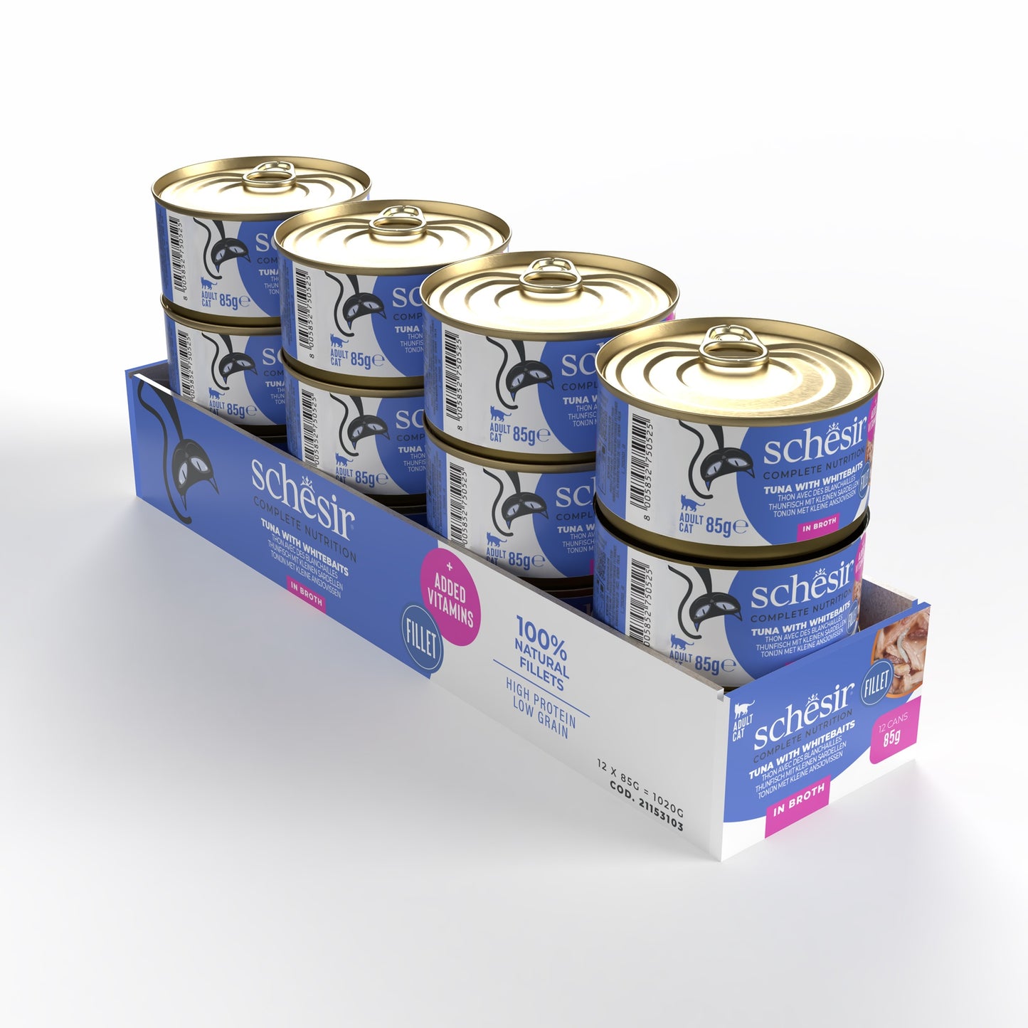 Schesir Complete & Balanced Nutrition Wet Cat Food in Broth Can- Tuna With Whitebait 85g