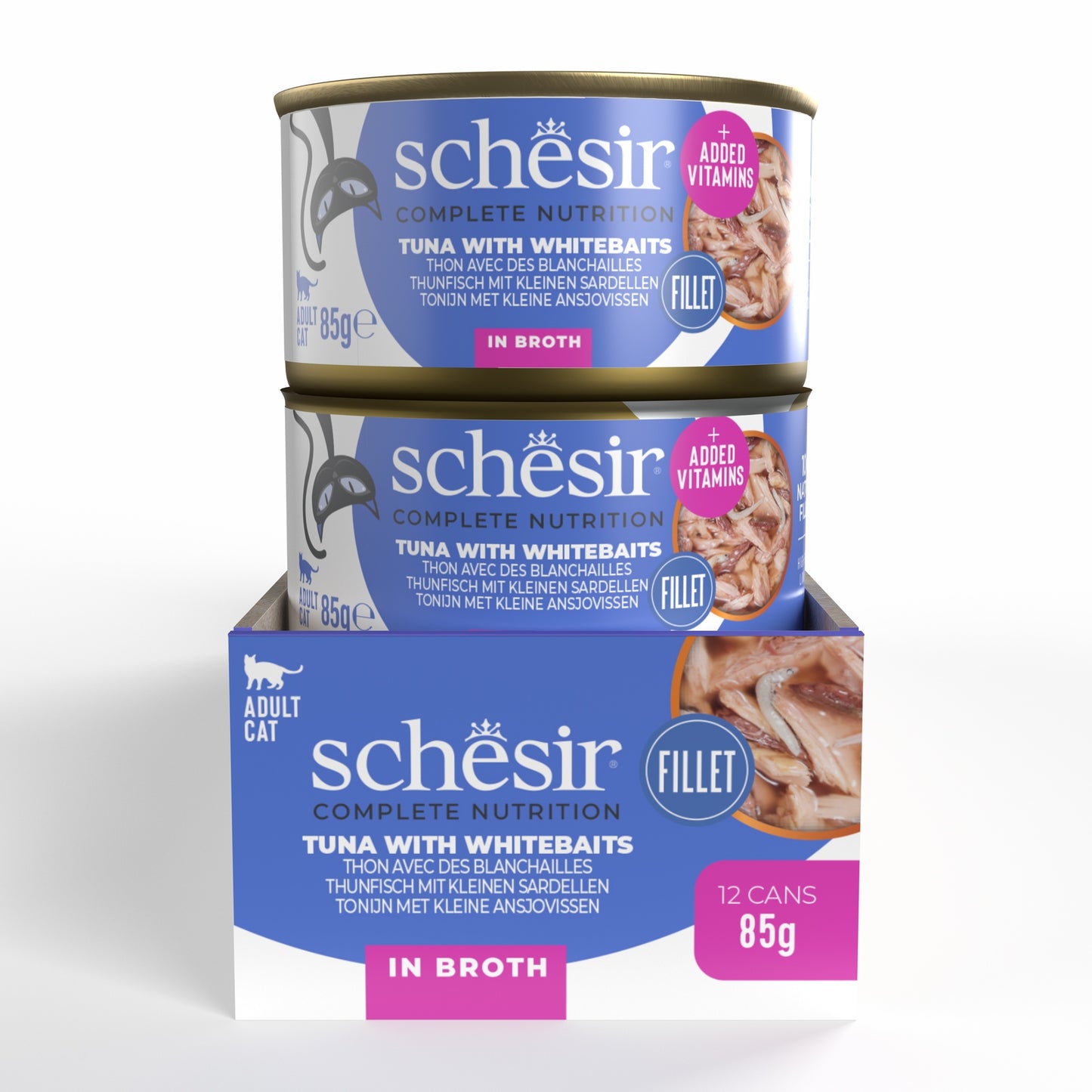 Schesir Complete & Balanced Nutrition Wet Cat Food in Broth Can- Tuna With Whitebait 85g