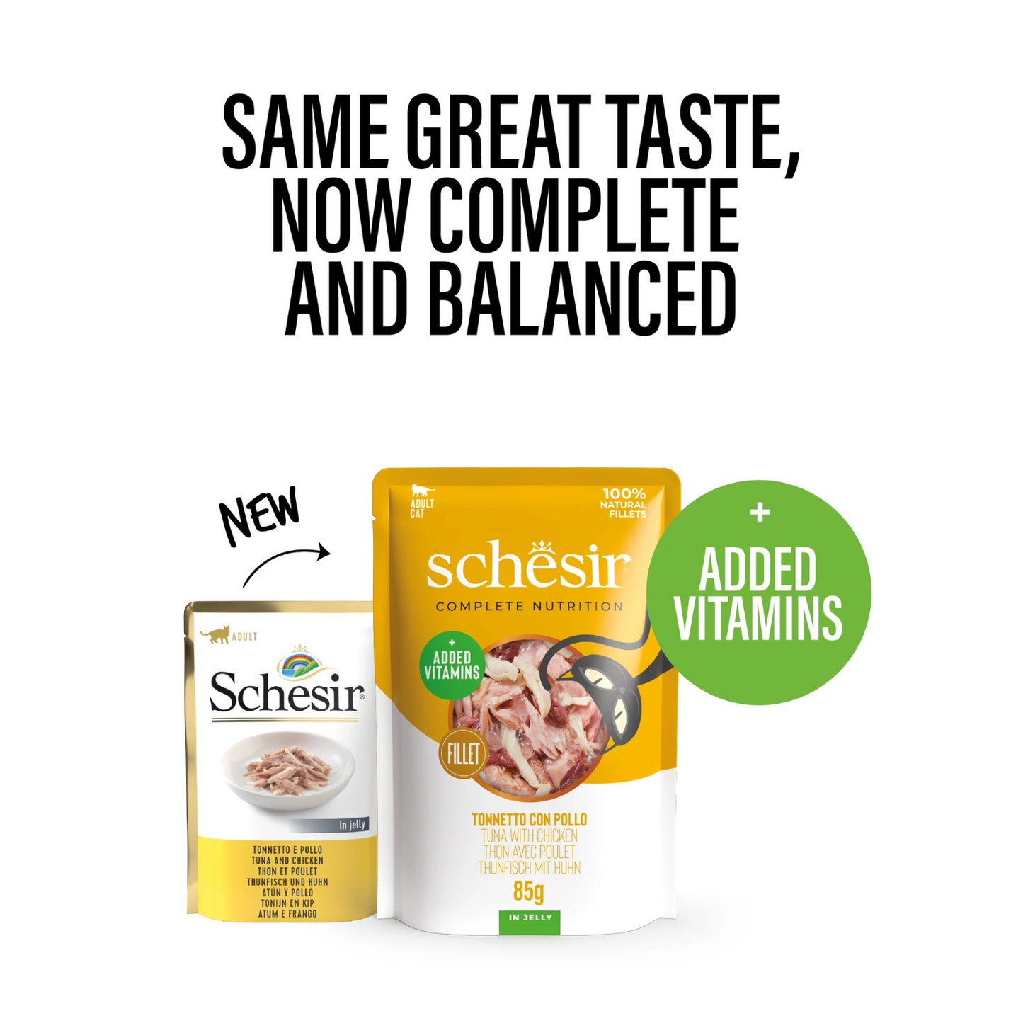 Schesir Complete & Balanced Nutrition Wet Cat Food in Jelly Pouch- Tuna With Chicken 85g