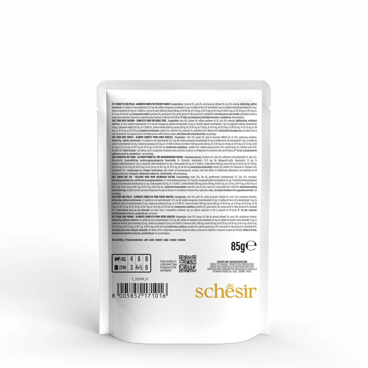 Schesir Complete & Balanced Nutrition Wet Cat Food in Jelly Pouch- Tuna With Chicken 85g