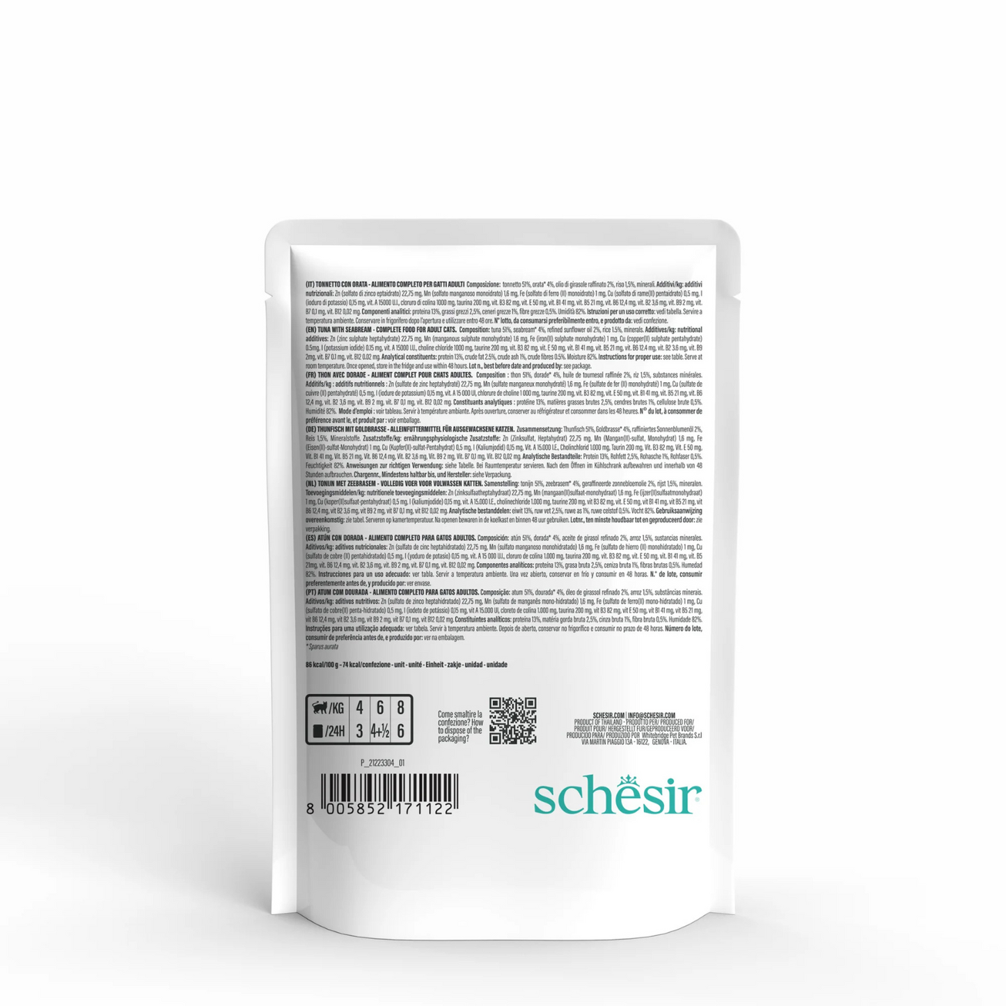 Schesir Complete & Balanced Nutrition Wet Cat Food in Jelly Pouch- Tuna With Seabreem 85g