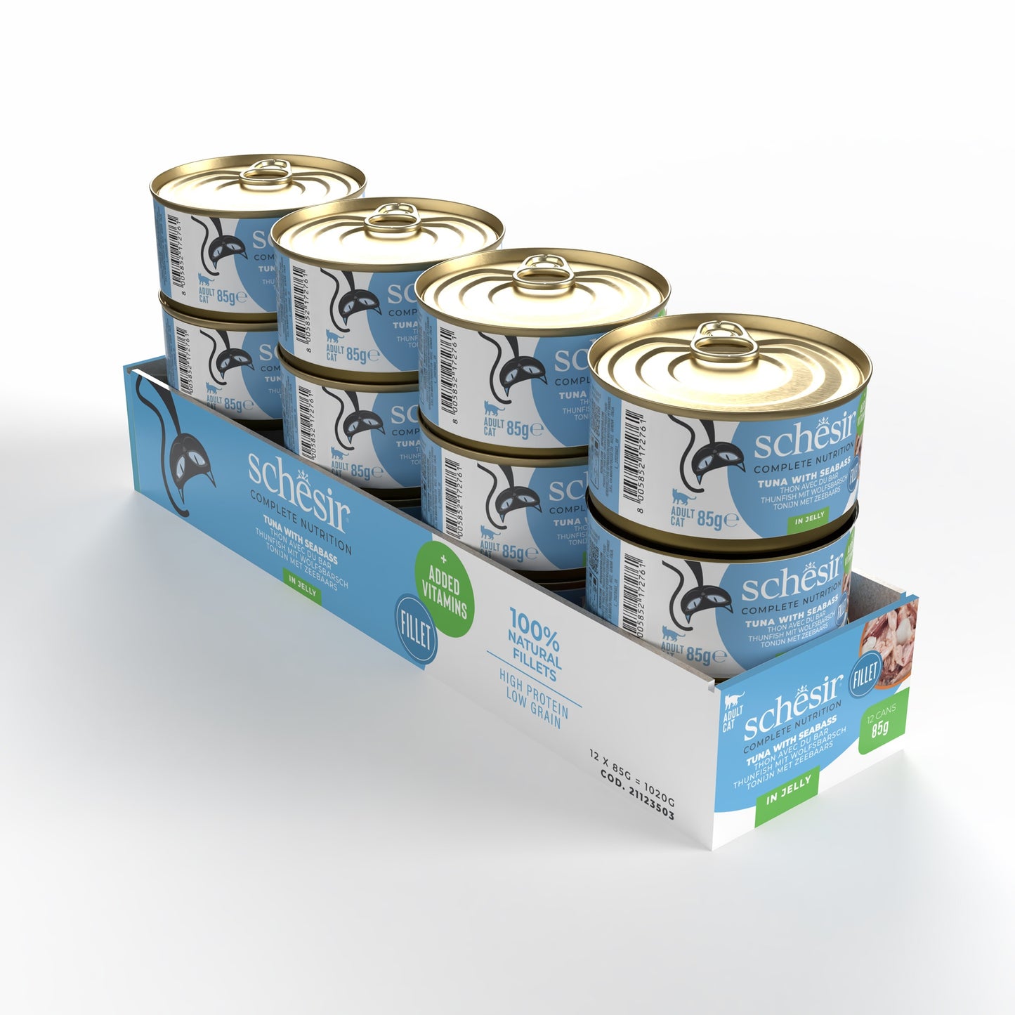 Schesir Complete & Balanced Nutrition Wet Cat Food in Jelly Can- Tuna With Seabass 85g