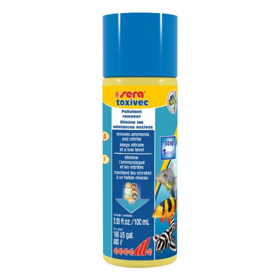 Sera toxivec aquarium supplement bottle on a white background