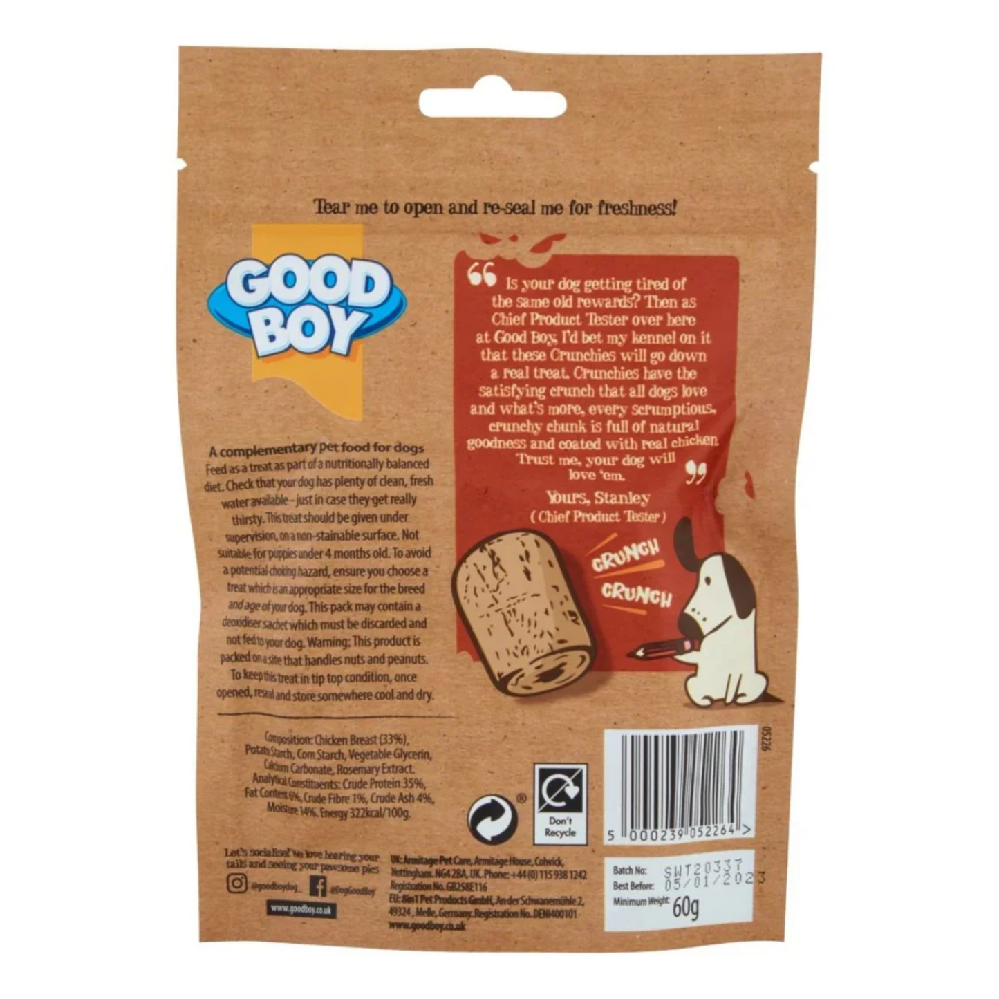 Armitage Good Boy Crunchies Mini Chicken Dog Treats ‚ 60g