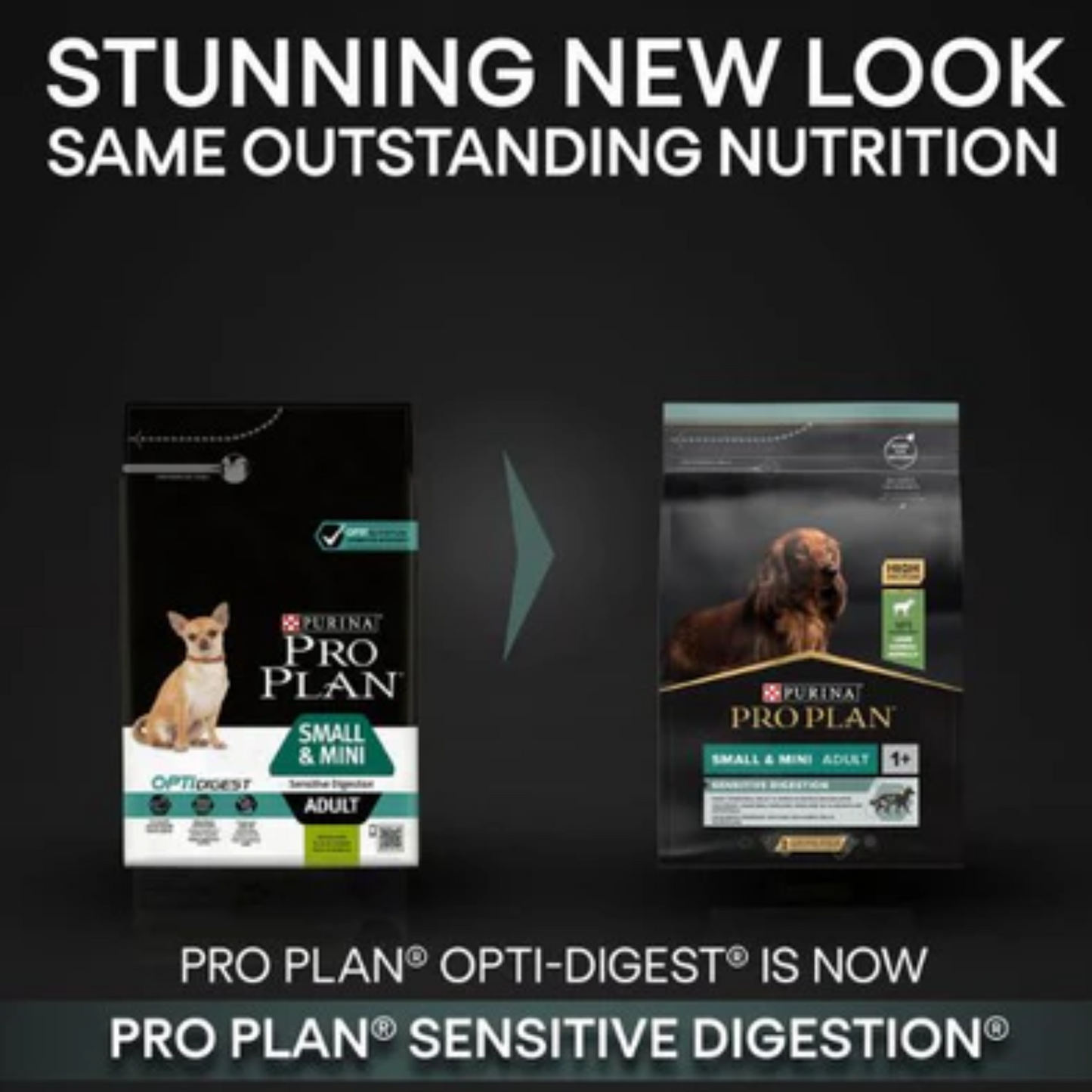 Two packages of Purina Pro Plan dog food with text highlighting new look and outstanding nutrition.