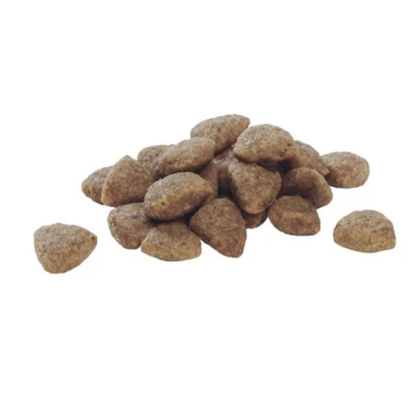 Pile of brown pet food on a white background