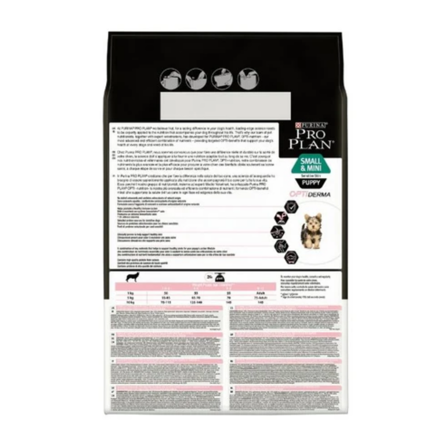 Pro Plan dog food packaging with nutritional information on a white background