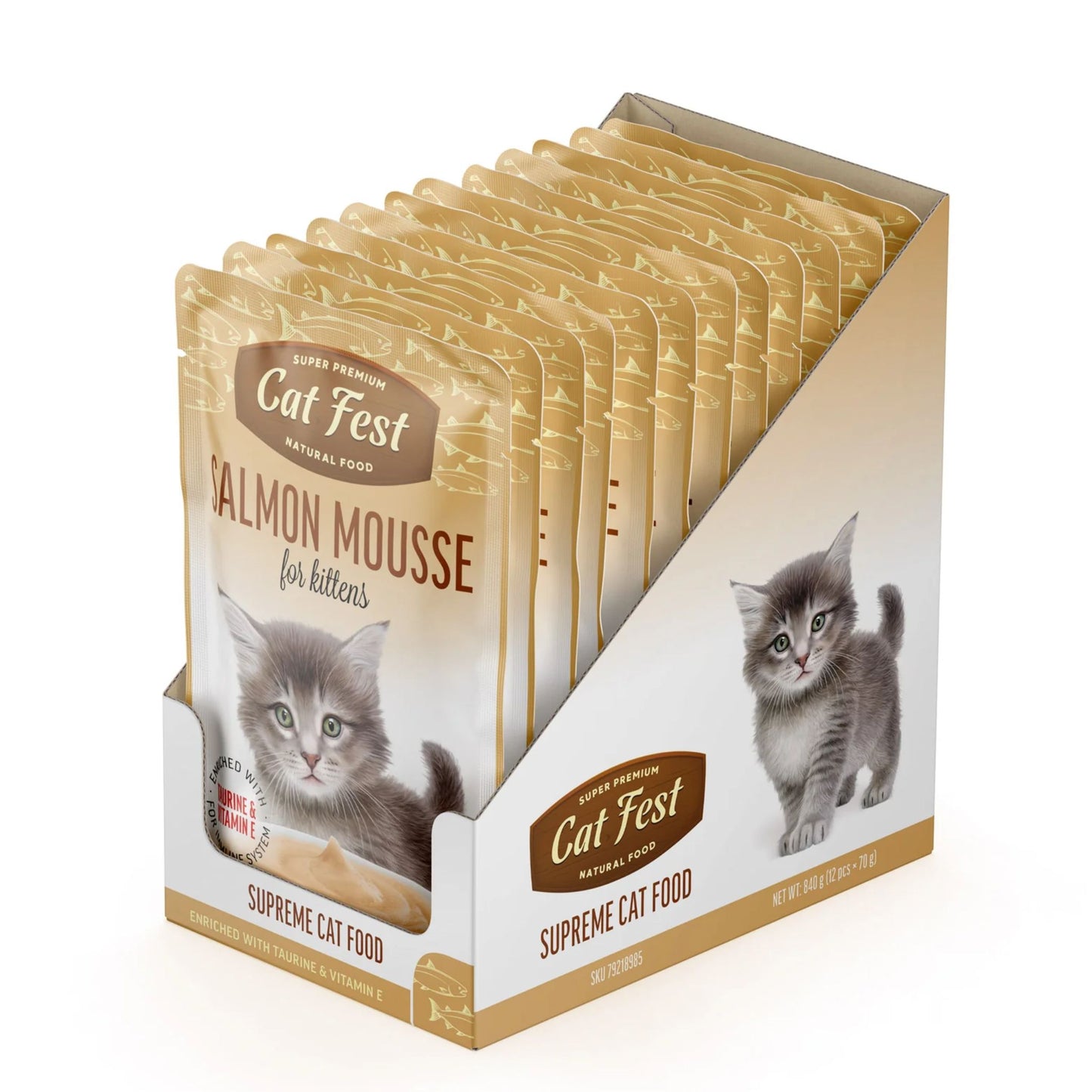 Box of Cat Fest Salmon Mousse for kittens cat food packets on a white background