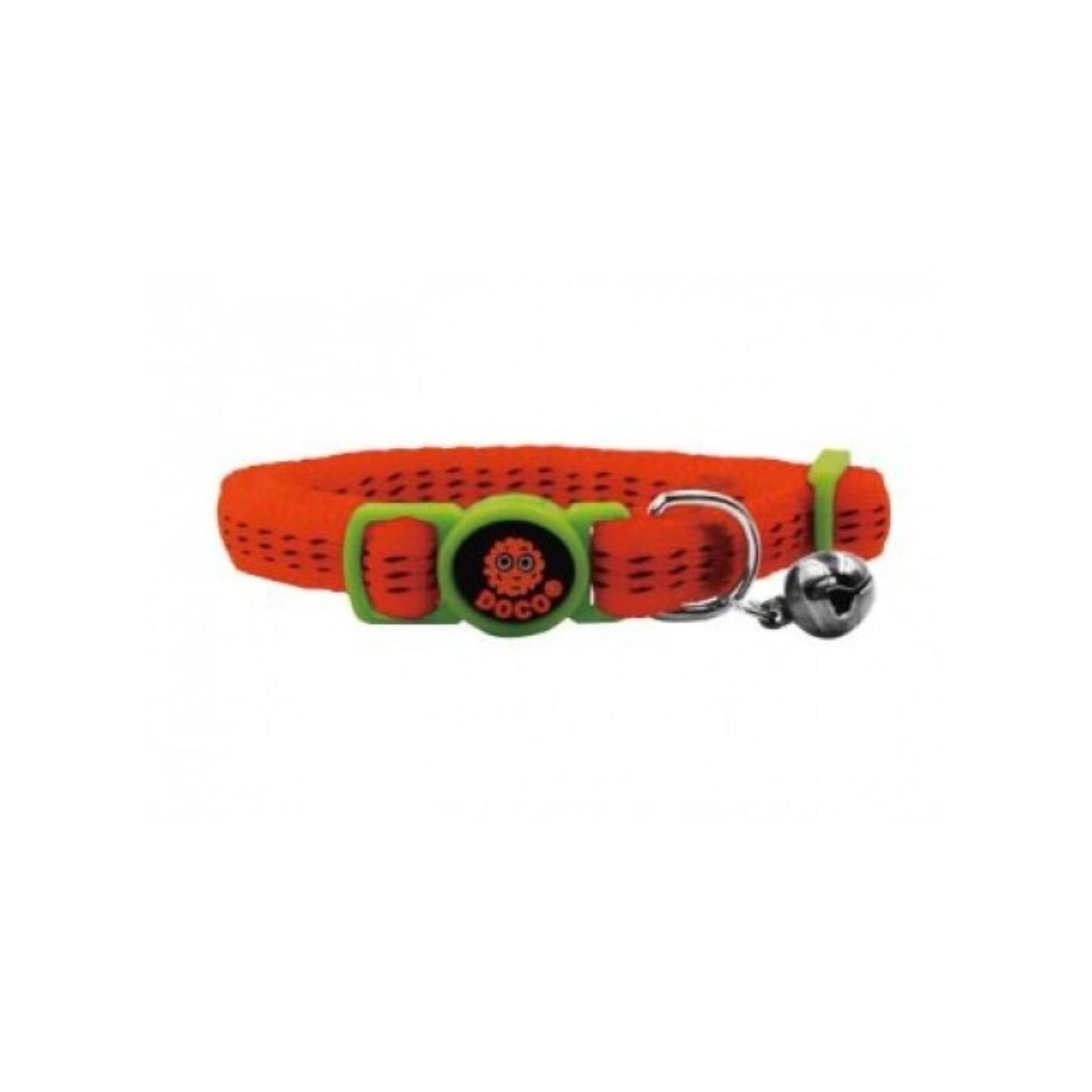 Orange dog collar with green accents and a bell on a white background