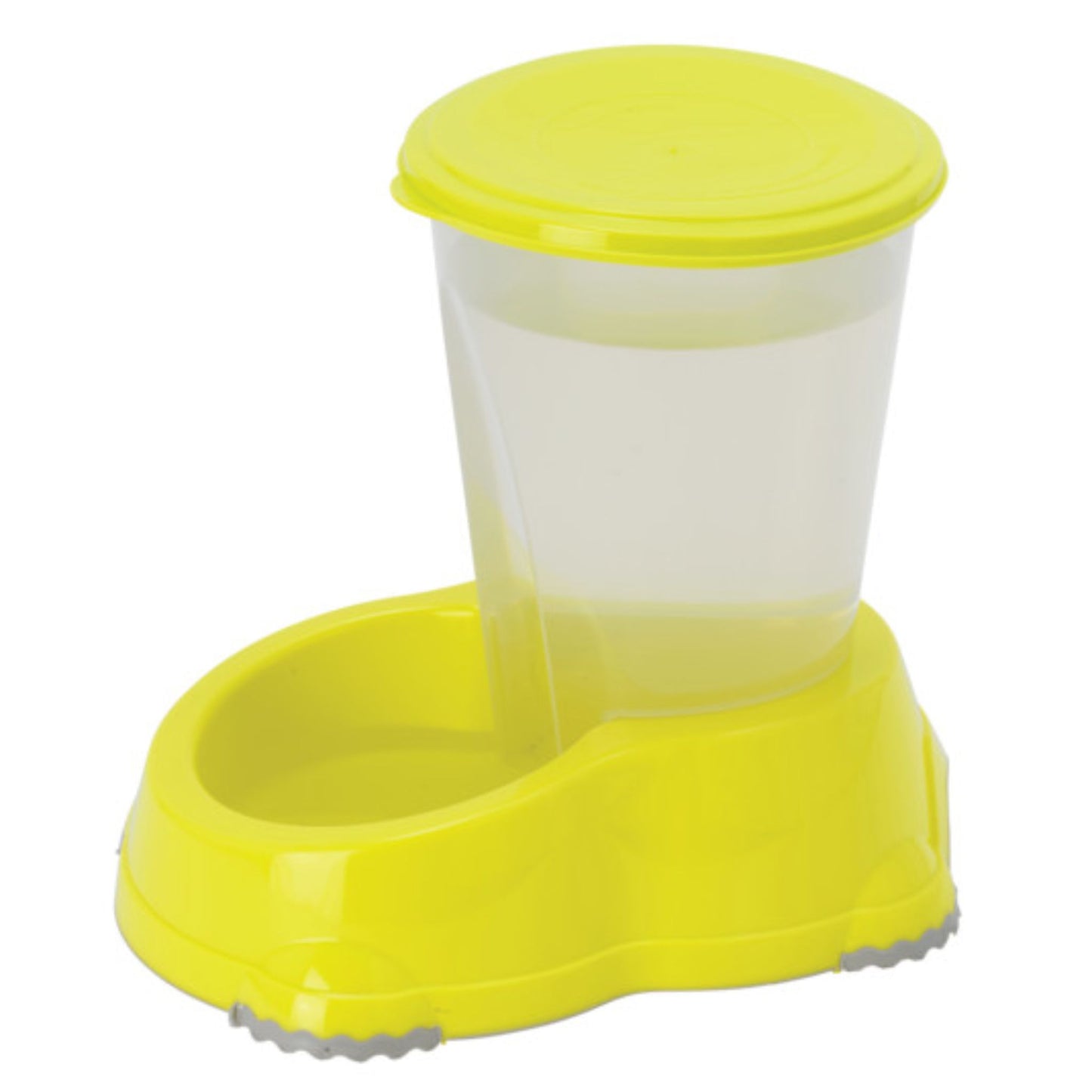 Yellow and clear plastic pet feeder on a white background