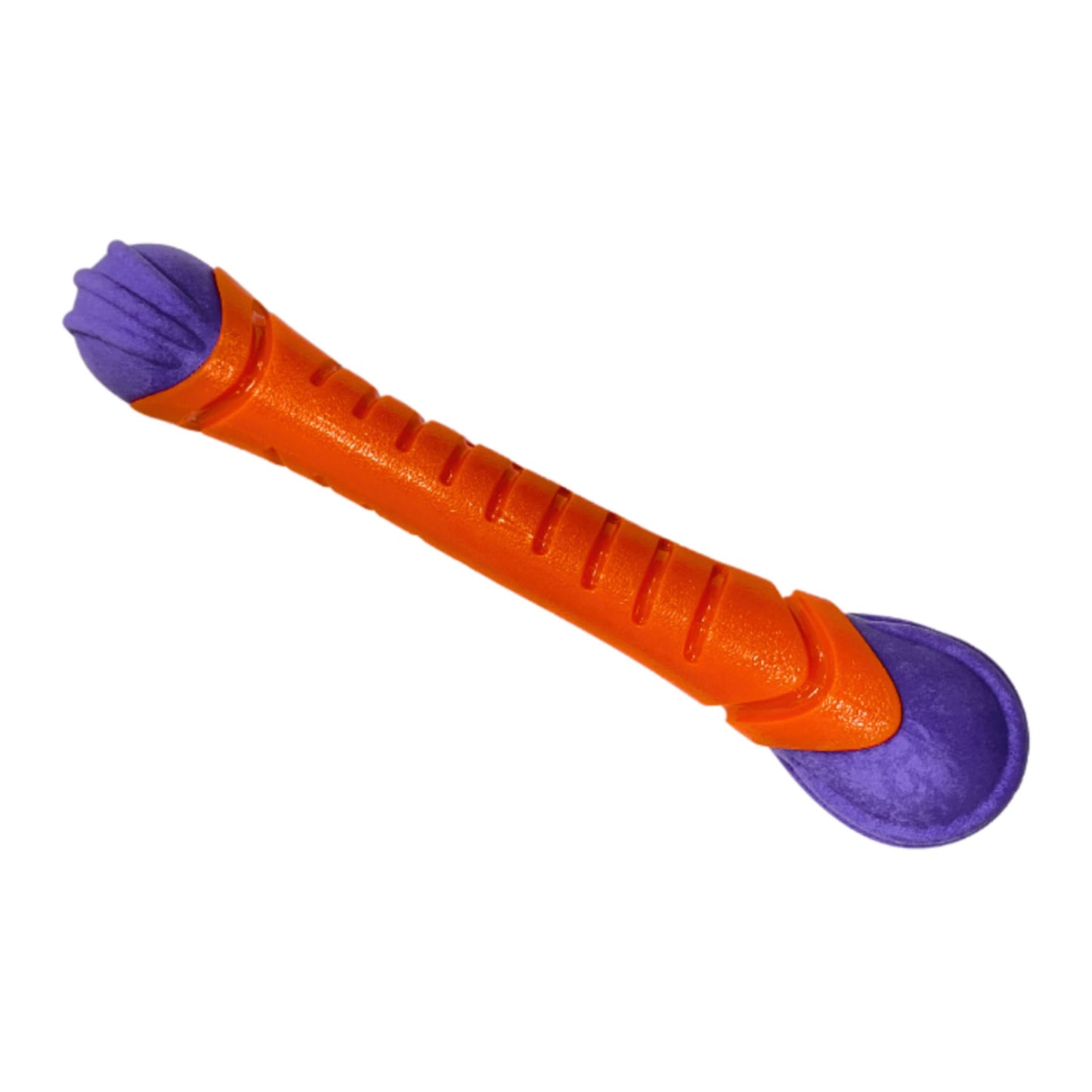 Orange and purple toy with a handle and two ends on a white background