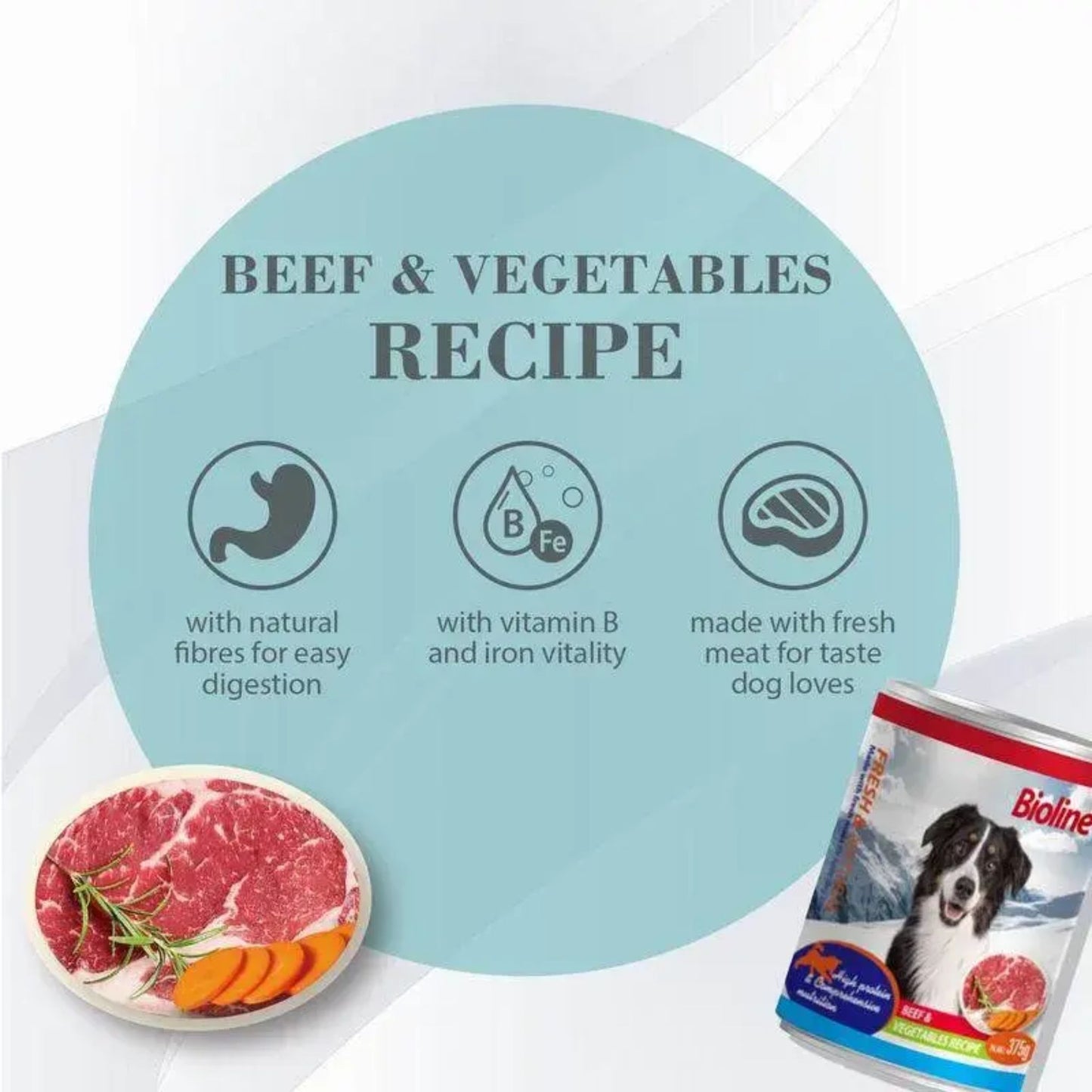 Dog food packaging with 'Beef & Vegetables Recipe' label on a white background
