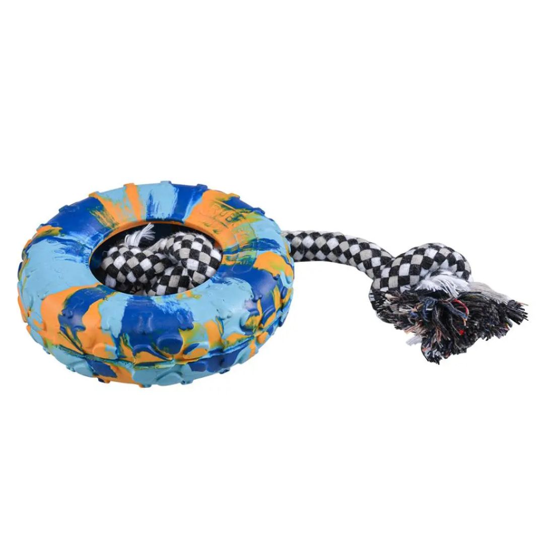 Duvo+ Rubber Tire Smash & Cotton Rope Multicolour[Size - M, Dimension - 35x19x4.5cm]