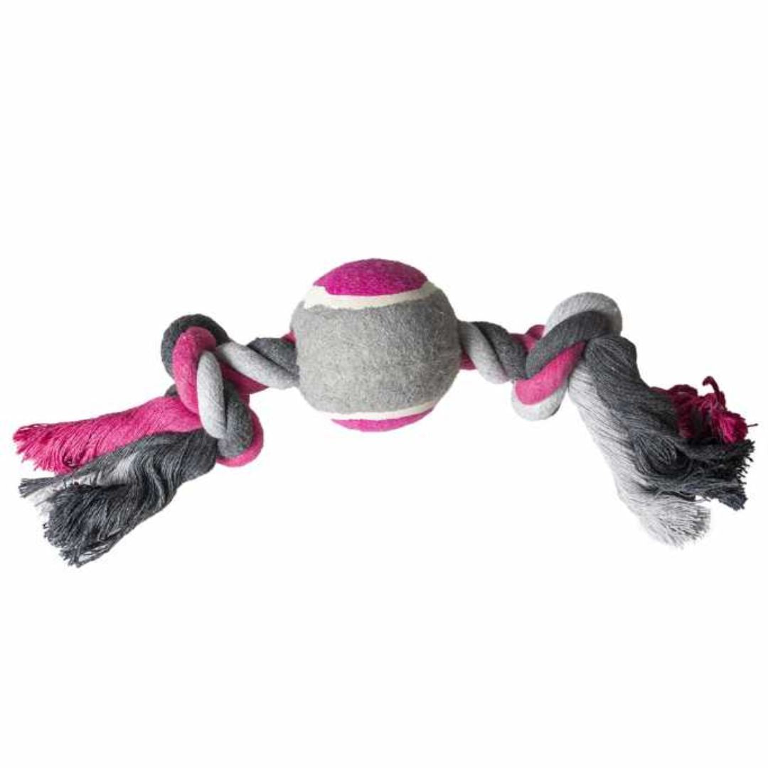 Duvo+ Tug Toy Knotted Cotton with Tennis Ball – 30cm Grey/Pink