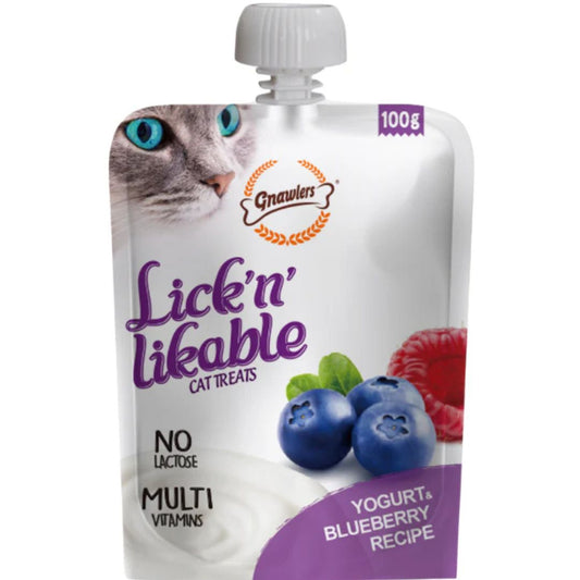 Gnawlers Lick N Lickable Cat Treats – Yogurt & Blueberry 100g