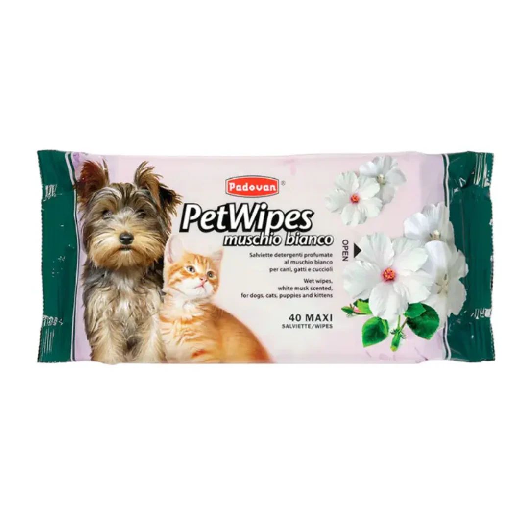 Padovan White Musk Pet Wipes – 40pcs Deodorizing Wipes for Pets