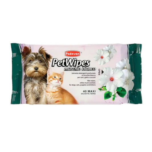 Padovan White Musk Pet Wipes – 40pcs Deodorizing Wipes for Pets