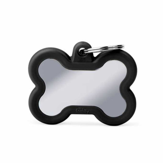 My Family Bone Chrome Plated Brass Black Rubber Dog ID Tag