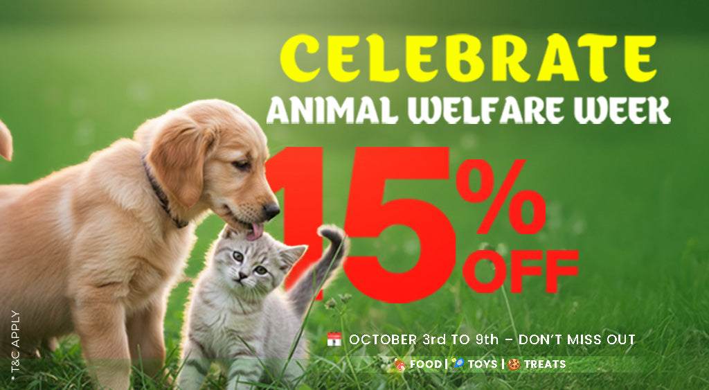 Promotional banner for Animal Welfare Week with a dog and cat on grass, featuring a 15% off discount offer.