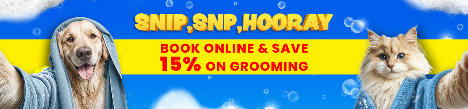 Promotional banner showing 'book online and save 15% on grooming with a dog and cat in bathrobes, text 'Snip, Snp, Hooray' and offer details.