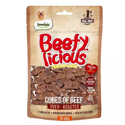 Dentalight Beefy Licious Jerky Treats For Dogs Cube of Beef - 70g