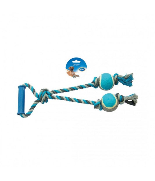 Duvo+ Tug Toy – 2 Tennis Balls & Cotton Loop, 43cm Grey/Blue